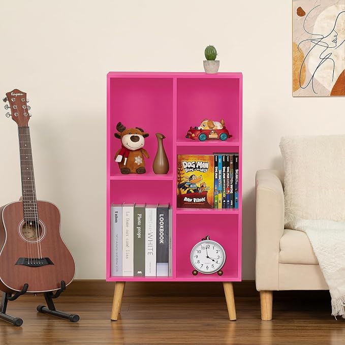 LEYAOYAO 5 Cube Bookshelf, 3-Tier Bookcase with Legs, Pink Kids Book Shelf Cute Storage Organizer, Free Standing Open Toy Shelves Modern Bookshelves,Wood Display Bookcases for Bedroom,Living Room