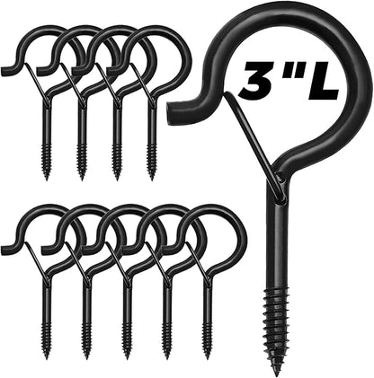 10 PCS 3 inches Q-Hanger Hooks with Safety Buckle, Screw Hooks for Outdoor String Lights, Ceiling Hooks for Hanging Plants, Black