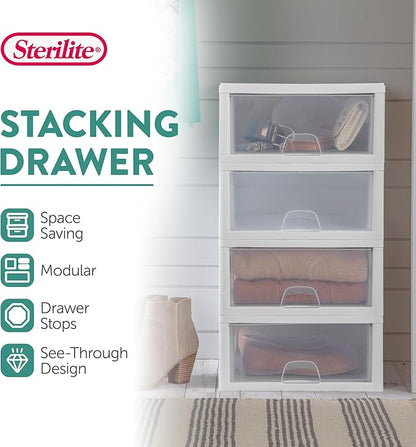 Sterilite 24-Pack 16 Quart Stacking Drawer, Clear Storage Closet Organizer, White Frame - Stackable Modular Plastic Drawers for Clothes, Accessories, Craft Supplies, Shoes or Linens