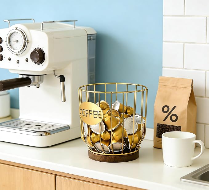 Coffee Pod Holders for Counter, Nespresso Pods Holder, K-Cup Holder, Coffee Pod Basket, Countertop Organizer for Keurig Kcups & Espresso Capsules, Coffee Station Accessories(Gold Plating)