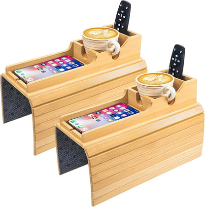 Yoshiky 2 Pack Bamboo Couch Armrest Table, Couch Arm Tray with Removable Couch Cup Holder, 2 in 1 Design Foldable Anti-Slip Bamboo Couch Tray and Sofa Cup Holder for Drink