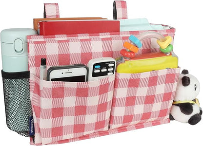 Surblue Bedside Caddy Hanging Bed Organizer Storage Bag Pocket for Bunk and Hospital Beds, College Dorm Rooms Baby Bed Rails, Camp 4 Pockets and 2 Hooks (Small,Red Plaid)