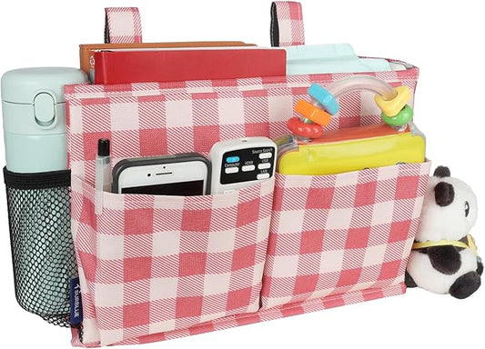 Surblue Bedside Caddy Hanging Bed Organizer Storage Bag Pocket for Bunk and Hospital Beds, College Dorm Rooms Baby Bed Rails, Camp 4 Pockets and 2 Hooks (Small,Red Plaid)