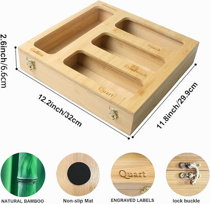 Bamboo Food Bag Organizer for Kitchen Drawer, a bamboo 4 slots - made dispenser container for plastic bags.Suitable for Gallon Quart Sandwich & Snack Variety Size Bag