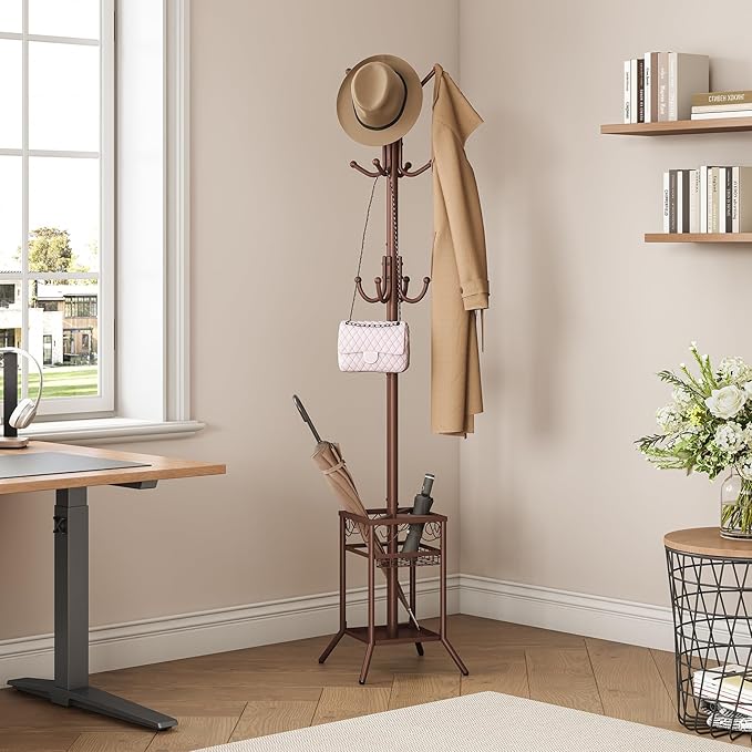 ELYKEN Coat Rack Freestanding, Metal Coat Rack Stand with Umbrella Holder, Modern Coat Tree with 12 Hooks, Floor Standing Corner Hall Tree for Entryway Living Room Bedroom Office, Brown