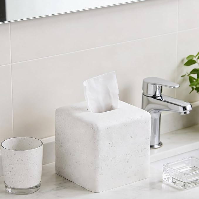 White Sandstone Tissue Box Cover Square for Home Decor,Resin Heavy Tissue Box Holder for Bathroom Countertop,Tabletop,Bedside Table,Office (Handmade of Resin)