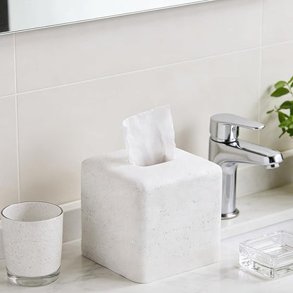 White Sandstone Tissue Box Cover Square for Home Decor,Resin Heavy Tissue Box Holder for Bathroom Countertop,Tabletop,Bedside Table,Office (Handmade of Resin)