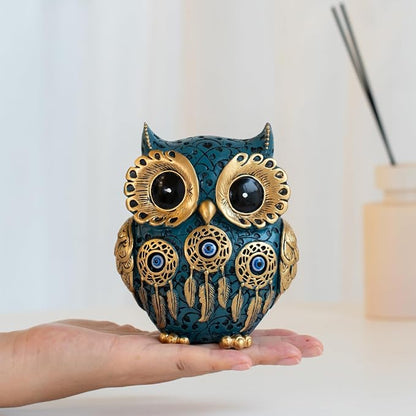 Decorative Owl Figurine, Vintage Blue and Gold Owl Statue Home Decor - Evil Eye Accent for Bookshelf, Bedroom, Living Room, Office & Table. Cute Small Animal Sculpture Gift for Birds Lovers.(Blue)