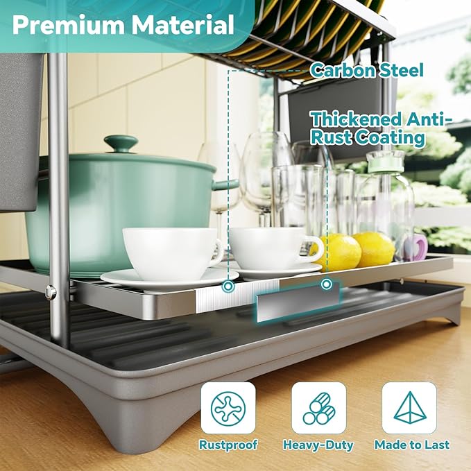 Simple Trending Dish Drying Rack, 2-Tier Dish Rack for Kitchen Counter, Large Dish Drainers Sink Organizers and Storage, Silver