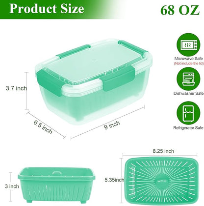 68oz Berry Keeper Fruit Storage Container for Fridge, Fresh Food Produce Saver Containers with Removable Drain Colanders, Vegetable Lettuce Keeper Bowl, Refrigerator Organizer, PRESS TO OPEN CLOSE LID