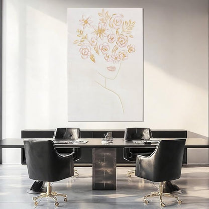 Framed Minimalist Wall Art, Beautiful Woman with Pink Flowers, Abstract Wall Art for Living Room, Aesthetic Posters for Room, Office Wall Decor for Women, 24" x 36"