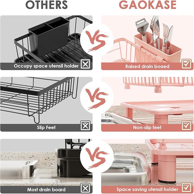 GAOKASE Dish Drying Rack, Stainless Steel-Dish Rack, Dish Racks for Kitchen Counter, Kitchen Dish Drainers with Removable Utensil Holder,New Drain Outlet,Plate Rack and Drainboard,(Pink-11 W x 15" L)
