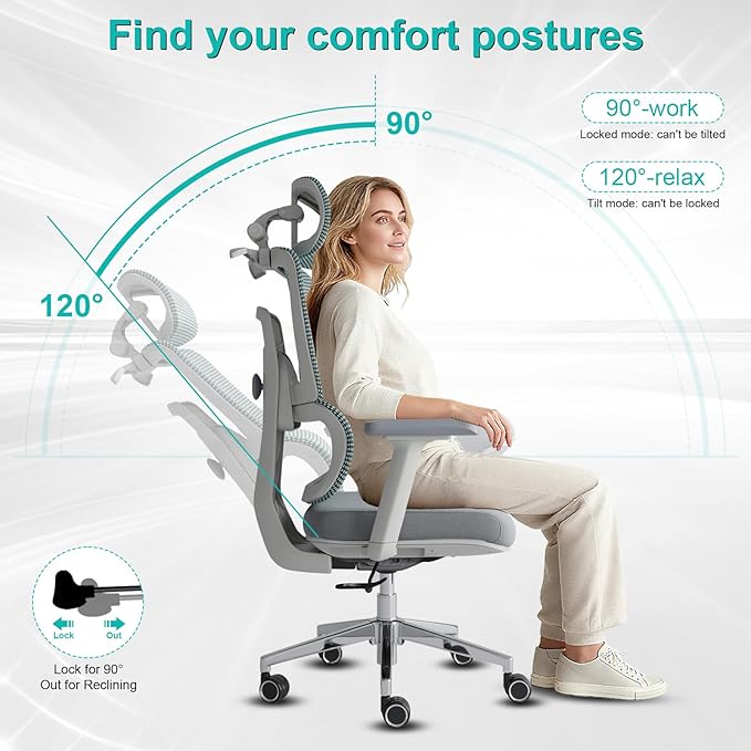 Ergonomic Office Chair with Lumbar Support,Headrest, and6D Armrests - Mesh Computer Chair with Coat Hook-500 lbsWeight Capacity - Extra-Wide Seat- High-Back Office Chair, Blue