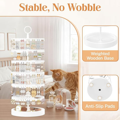 iDavosic.ly 6 Tier Rotating Earring Holder Organizer with Wooden Tray, Large Dangle Display Stands Tree with 342 Plastic Grooves, Adjustable Hoop Storage Rack, Space Saving Tower, White