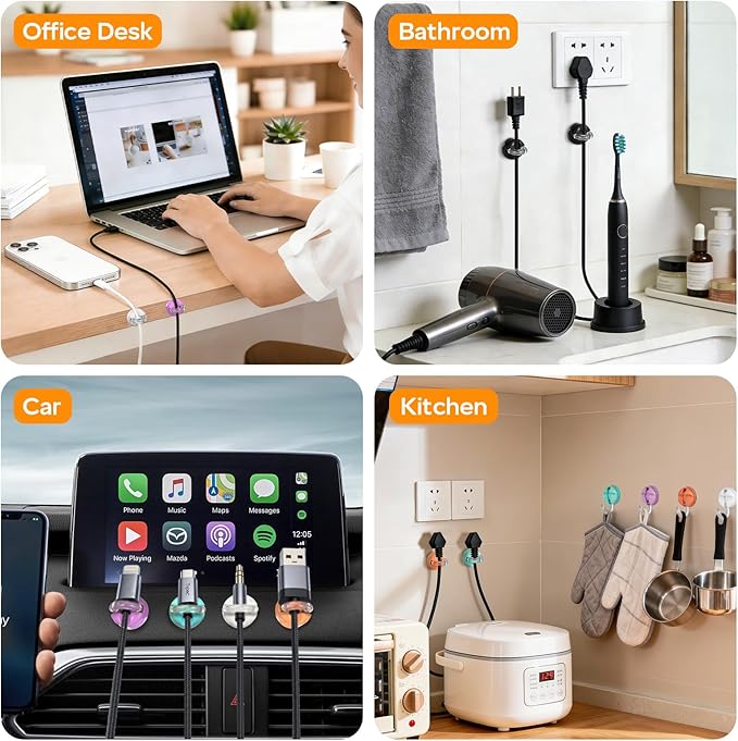 8 Pack Magnetic Cable Clips, Adhesive Cord Organizer 360° Rotatable, Desk Cable Management, Wire Holder Keeper for Nightstand, Wall, Desktop, Office, Home, Car(4 Colors)