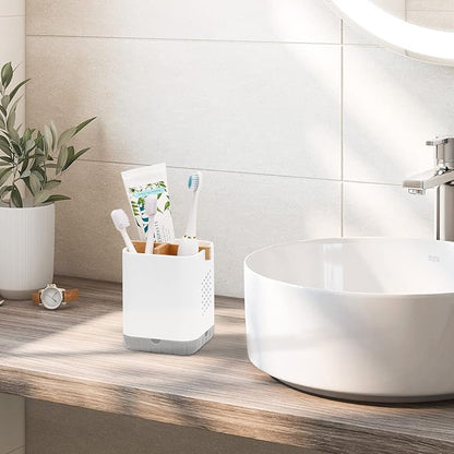 Boperzi Toothbrush and Toothpaste Holder with Bamboo Divider for Bathroom Countertop Organizer, Plastic Detachable Anti-Slip Large Electric Toothbrush Holders Storage Caddy Drainage for Family, Kids
