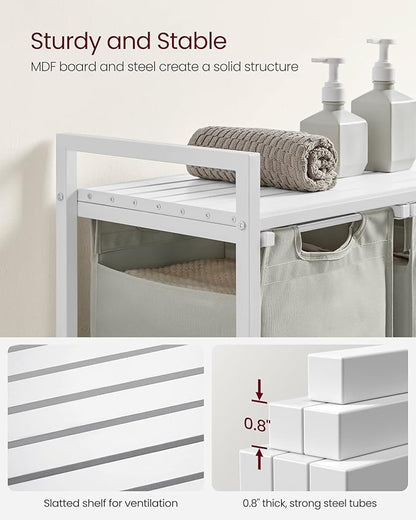 VASAGLE Laundry Hamper, Laundry Basket, Laundry Sorter with 3 Pull-Out and Removable Bags, Shelf, Metal Frame, 3 x 10.6 Gallons (40 L), 36.4 x 13 x 28.4 Inches, Cream White and Cloud White UBLH301W01