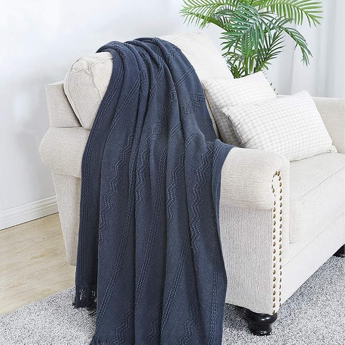 BOURINA Navy Throw Blanket 60x80 Inches Throw Textured Solid Soft Sofa Throw Couch Knitted Decorative Blanket