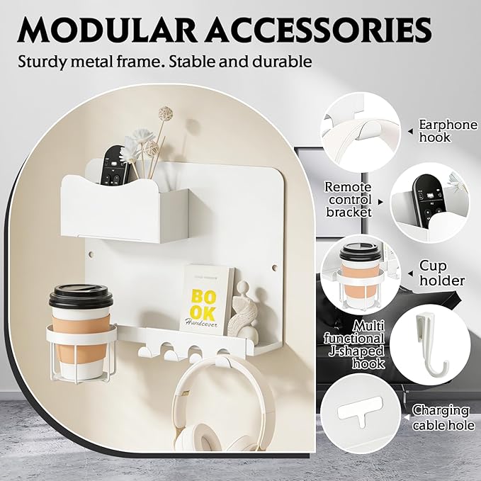 Floating Bedside Wall Shelf Organizer with Remote Control Holder;Metal Adhesive Wall Mount Nightstand Shelf for Bedroom;Dorm Room Essentials;Bed Shelf for Phone,Earphone,Kindle (White)