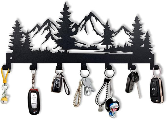 Metal Key Holder, Wall Mounted Key Hooks, Key Holder for Wall, Key Organizer Rack with 7 Hooks, Key Hanger Decor for Kitchen, Entryway, Hallway, Bedroom, Doorway (Mountain 12IN)