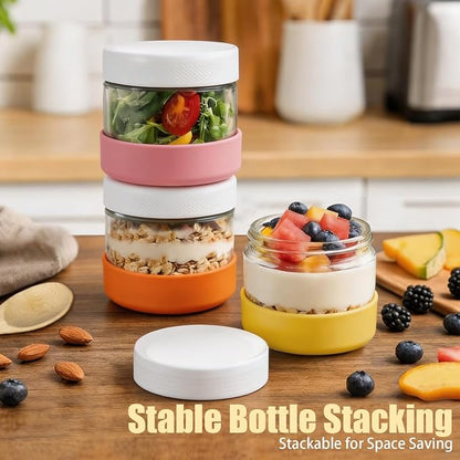 JohnBee 6-Pack 8 oz Glass Overnight Oats Containers with Airtight Lids and Silicone Sleeves - Wide Mouth Jars for Salad, Yogurt, pickles, Snacks, Spice & Sugar - Leakproof Glass Food Storage Jars