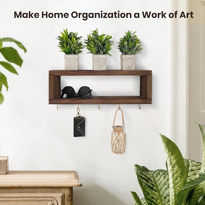 Wall Shelf with Hooks - Decorative Key and Wallet Holder for Wall Holds Sunglasses, Leashes, Scarves and Lanyards - 15.7" x 5.1" x 2.9" Entryway Organizer Made of Paulownia Wood (Brown)