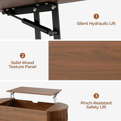 Oval Lift Top Coffee Table with Storage, 47.2" Mid Century Modern Fluted Coffee Table with Sliding Tambour Doors & Hidden Compartment, for Living Room Home Office, Walnut