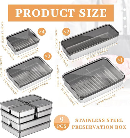 Hushee 9 Pack Bacon Cheese Container for Refrigerator, 304 Stainless Steel Airtight Deli Meat Container, Dishwasher Safe Fridge Storage Fruit Lunch Storage with Lids for Fridge, 4 Sizes