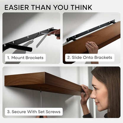 Homeforia 24inch Walnut Floating Shelves for Wall, High End Solid Real Wood 24in Floating Shelf for Bathroom, Dark Brown 24 inch Long Floating Shelves, Heavy Duty Bracket, 24 X 6.5 X 1.75 in, Set of 3