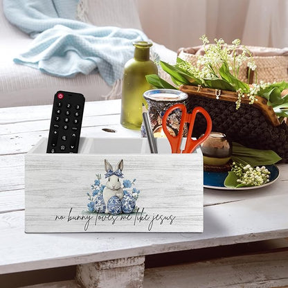 Chinoiserie Christian Easter Bunny Pen Pencil Holder Organizer for Desk Accessories, Blue and White Floral Rabbit Wooden Box Sign Desk Decor for Home Office Decoration, Easter Office Decor