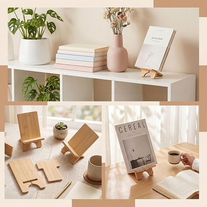 4 Pack Bamboo Book Display Stand Bamboo Book Holder for Books, Magazines, Picture Artworks, Small Easels for Display, Display Bookstand for Coffee Table, Kitchen, Office