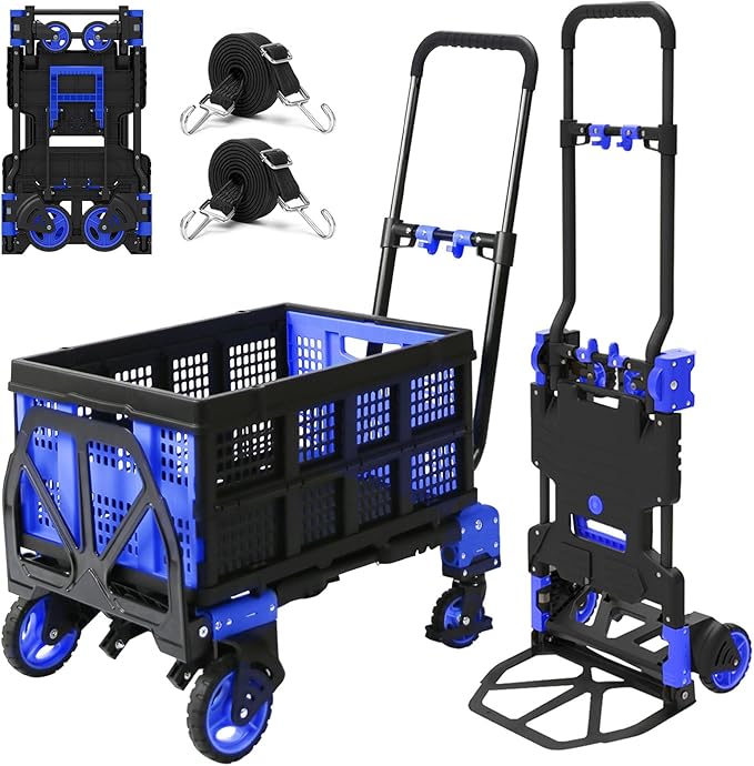 Oyoest 2 in 1 Folding Hand Truck with Folding Basket,Heavy Duty Hand Truck Dolly 330lbs Capacity with Telescoping Handle and Rubber Wheels,Portable Dolly Cart with Bungee Cords for Moving