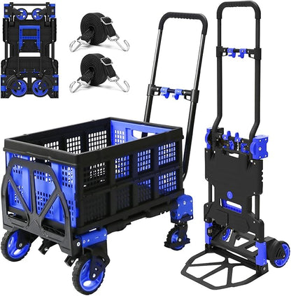Oyoest 2 in 1 Folding Hand Truck with Folding Basket,Heavy Duty Hand Truck Dolly 330lbs Capacity with Telescoping Handle and Rubber Wheels,Portable Dolly Cart with Bungee Cords for Moving
