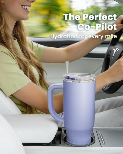 Renoj Tumbler with Handle 100% Spill Resistant Insulated Water Bottle for Iced Coffee & Hot Drinks - Fits Car Cup Holder, Ideal Gift, 2 Straws & Silicone Boot BPA-Free - FlexSlide Blue 40 oz