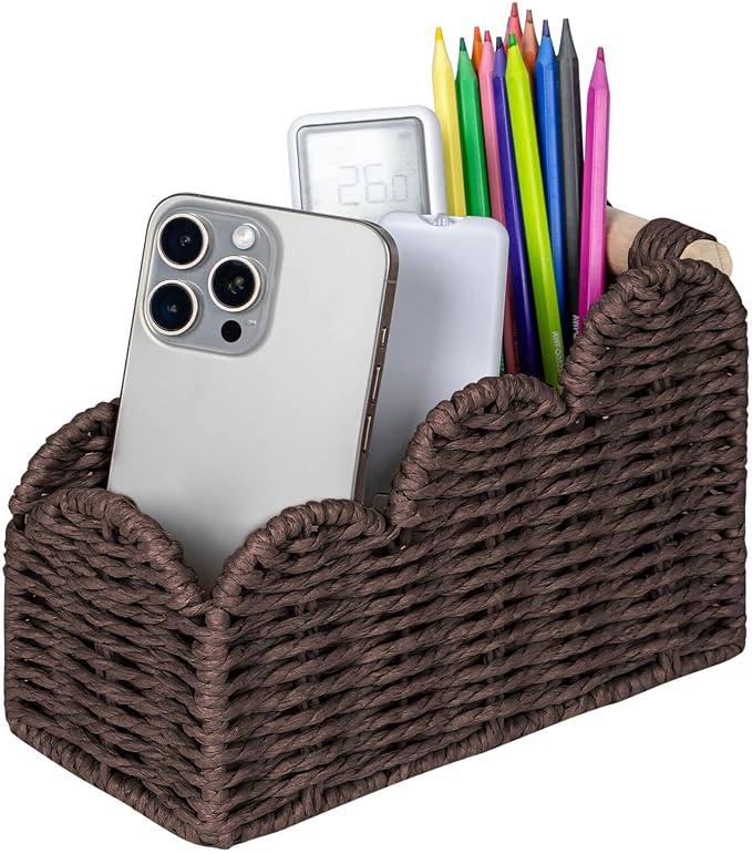 CubesLand Bedside Table Desk Organizer Caddy, Remote Pen&Pencil Holder Cup, Makeup Brush Holder w/Scalloped Perfect for Home, Office Desk, Living Room Table Decor, 3 Slots Brown