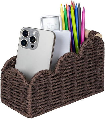 CubesLand Bedside Table Desk Organizer Caddy, Remote Pen&Pencil Holder Cup, Makeup Brush Holder w/Scalloped Perfect for Home, Office Desk, Living Room Table Decor, 3 Slots Brown