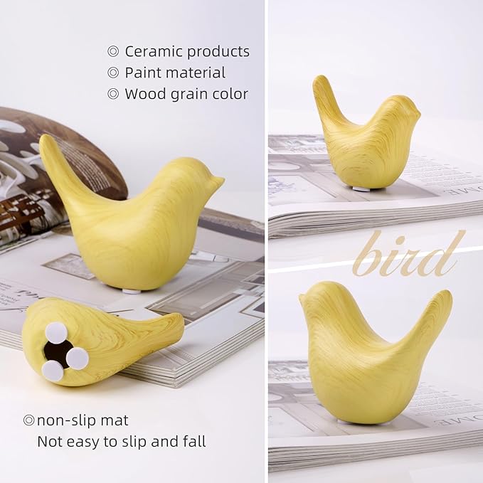 WhimWove 2 Pcs Ceramic Small Bird Figurines Modern Animal Statues for Home 、Room Decor and Bedroom Decor and Bookshelf Display (Light Wood Grain)