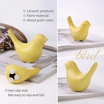 WhimWove 2 Pcs Ceramic Small Bird Figurines Modern Animal Statues for Home 、Room Decor and Bedroom Decor and Bookshelf Display (Light Wood Grain)