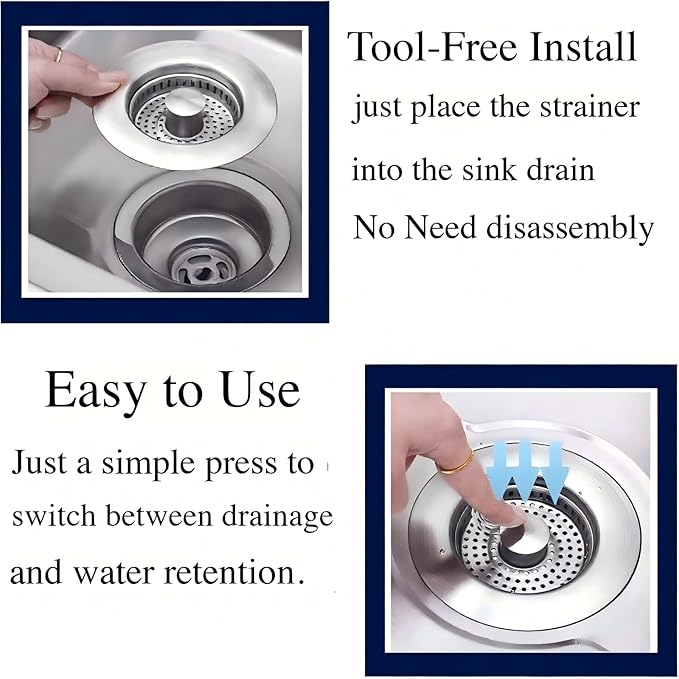 2Count 3-in-1 Kitchen Sink Drain Strainer & Stopper - SUS 304 Stainless Steel Pop Up Plug with Anti-Clog Basket & Odor Prevention, Fits US Standard 3-1/2'' Drain Hole