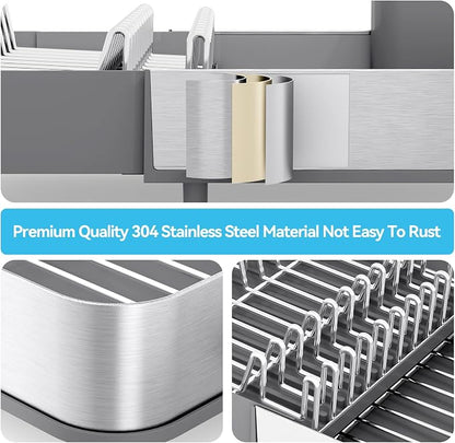Urackify Dish Drying Rack - Dish Drainer for Kitchen Counter, Stainless Steel Dish Rack with Swivel Draining Spout & Drain Board, Expandable Space-Saving Kitchen Dish Organizer for 3-4 People, Grey