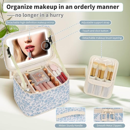 OCHEAL Large Makeup Bag With LED Mirror, Lightweight Travel Makeup Bag With 3 Color Setting Light Up Mirror Cosmetic Makeup Organizer Vanity Case for Women Beauty Tools Accessories Train Case-Floral