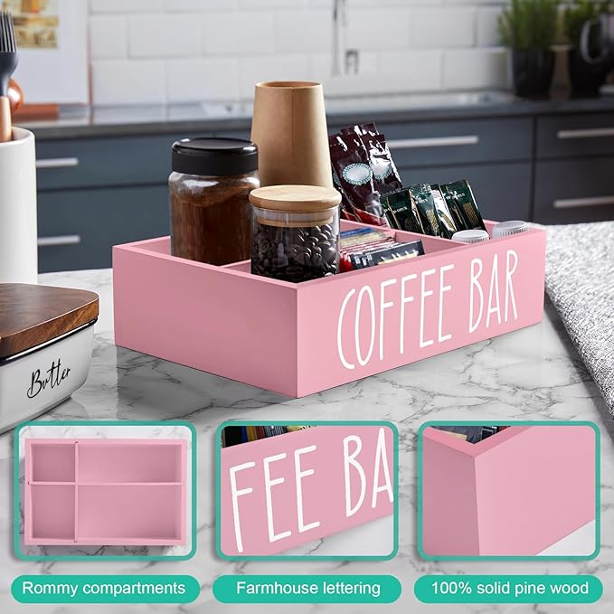 ALELION Coffee Station Organizer - Wood Countertop Accessories Organizer with Removable Dividers for Pods Condiment Syrup Tea Cups Stirrers - Pink Decor for Kitchen Coffee Bar