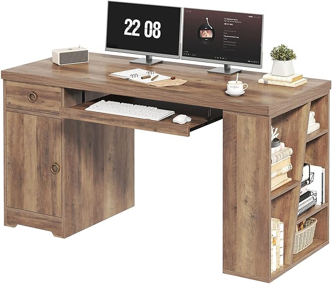 HSH 55 Inch Executive Office Desk with Drawers, Farmhouse Computer Desk with Keyboard Tray and Storage, Rustic Wood Work Study Writing Pc Table Studio Desks Home Workstation with Shelves and Cabinet