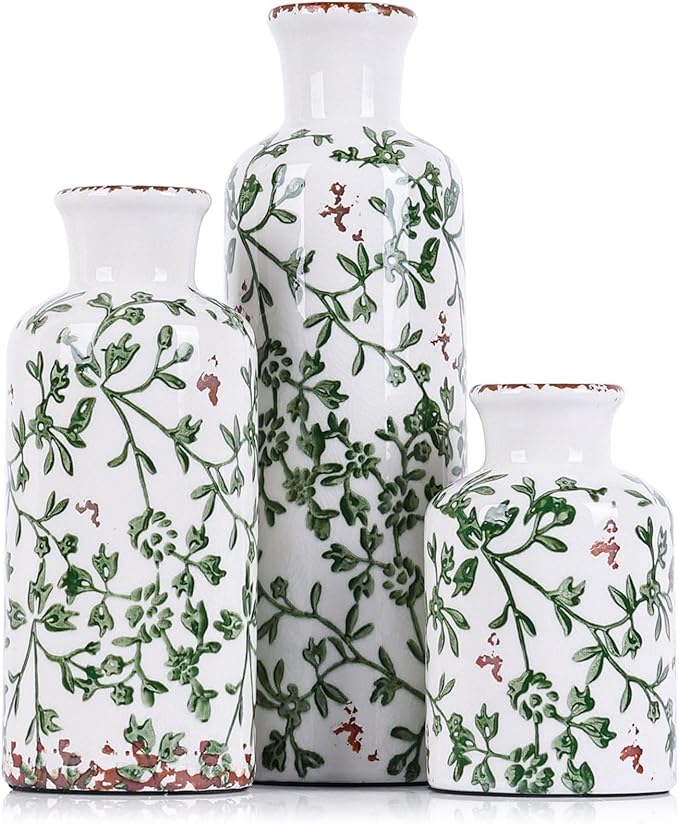 Green Ceramic Vase Set - 3 Chinoiserie Green Floral Vases, Farmhouse Country Flower Vase Home Decor, Living Room Decoration, Table Decoration, Fireplace Decor, and Entrance Decorations Centerpiece