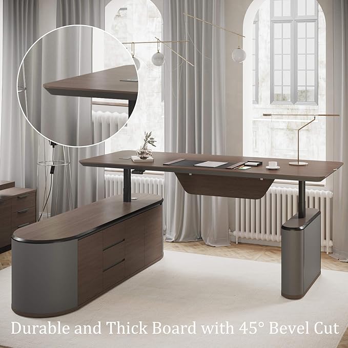 86.6" Reversible L-Shaped Adjustable Height Executive Desk with Oval Storage Cabinet - Black/Brown Standing Desk, Rounded Corners, 3 Drawers & 2 Door Compartments, Flexible Home & Office Workstation