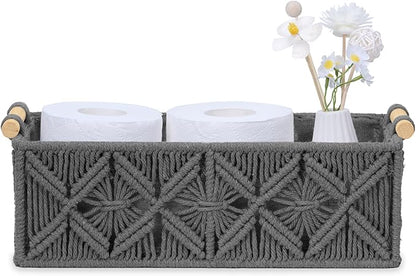 Nonam Macrame Storage Baskets, Boho Decor Style Woven Storage Boxes for Home Organization, Toilet Tank Shelf Cabinet Organizer Baskets,Set of 2,Grey