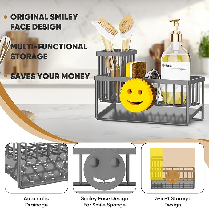 Taugast Sponge Holder for Kitchen Sink,Smiley Face Sink Caddy with Removable Brush Holder,Self-Draining Sponge Caddy for Soap,Dish Brush,Scrubber,Kitchen Essentials and Gadgets-Charcoal Gray