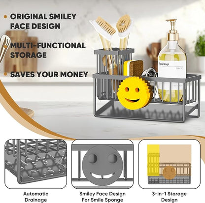 Taugast Sponge Holder for Kitchen Sink,Smiley Face Sink Caddy with Removable Brush Holder,Self-Draining Sponge Caddy for Soap,Dish Brush,Scrubber,Kitchen Essentials and Gadgets-Charcoal Gray