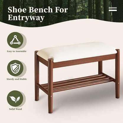 Solid Wood Shoe Bench with Cushion, 2-Tier Shoe Rack for Front Door Entrance, Enterway Benches with Shoe Storage (Walnut, 31.5in)