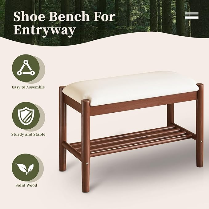 Solid Wood Shoe Bench with Cushion, 2-Tier Shoe Rack for Front Door Entrance, Enterway Benches with Shoe Storage (Walnut, 39.4in)